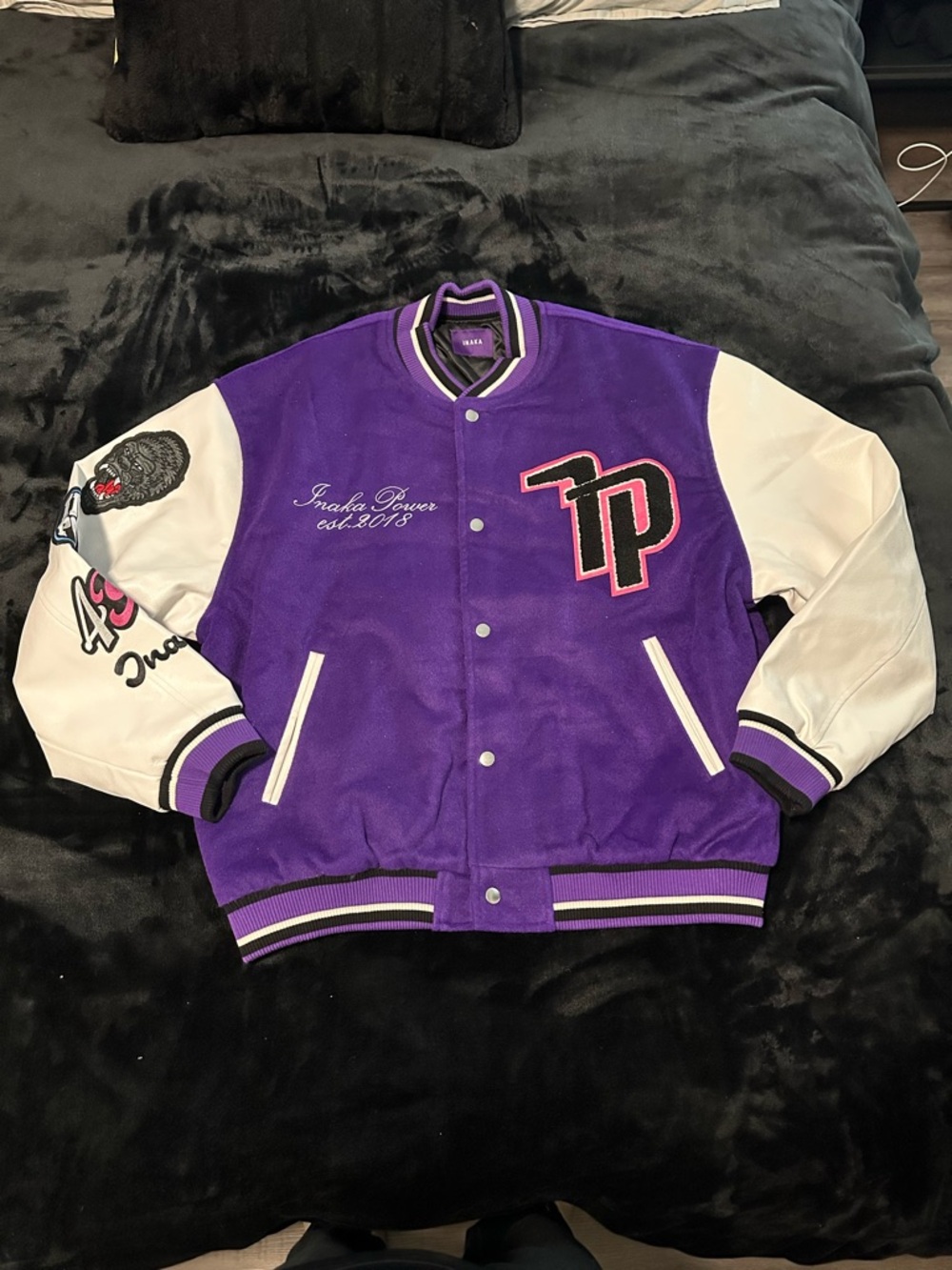 Mens Inaka Power 4 Year Letterman Varsity Jacket - Purple/White Size Large